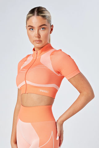Twill Active Recycled Colour Block Zip-up Crop Top Coral