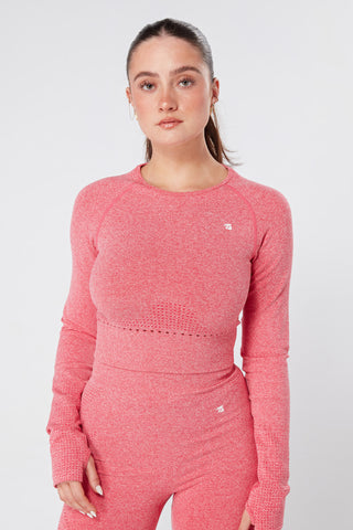 Twill Active Seamless Marl Laser cut Full Sleeve Crop Top - Pink