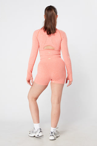Twill Active Seamless Marl Laser cut Full Sleeve Crop Top - Coral