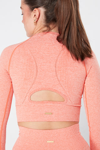 Twill Active Seamless Marl Laser cut Full Sleeve Crop Top - Coral