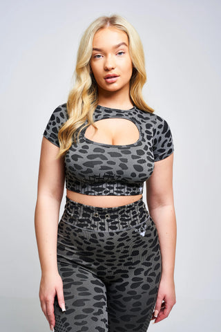 Caneva Leopard Recycled Cut Out Crop Top – Grey