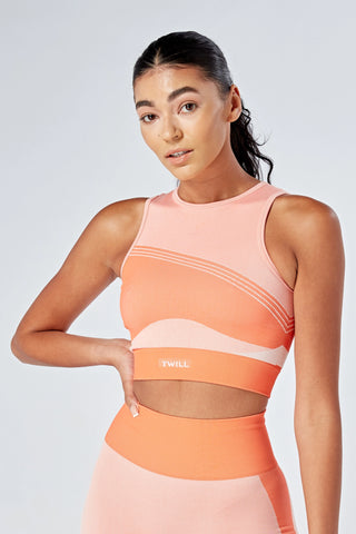 Twill Active Recycled Colour Block Body Fit Racer Crop Top - Coral