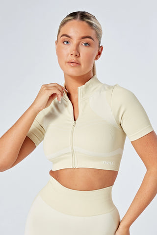Twill Active Recycled Colour Block Zip-up Crop Top - Stone