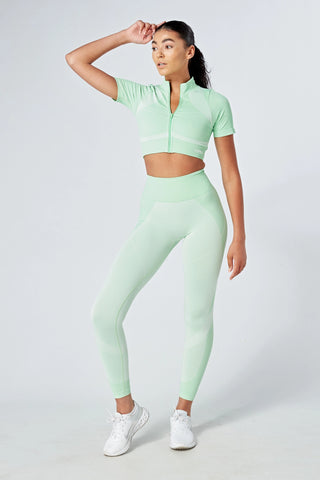Twill Active Recycled Colour Block Zip-up Crop Top Green