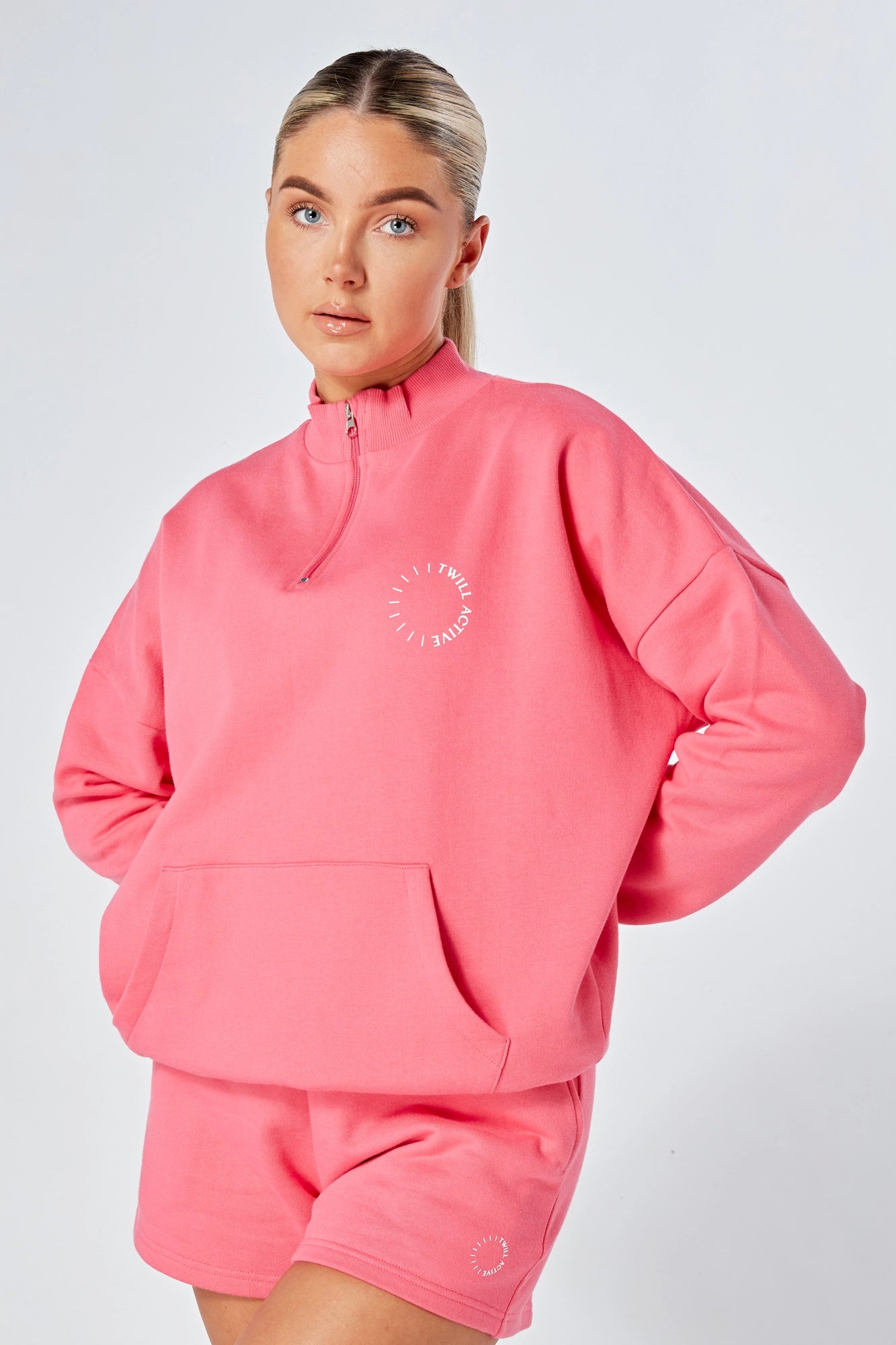 Essentials Oversized Funnel Neck Zip up Sweatshirt Pink