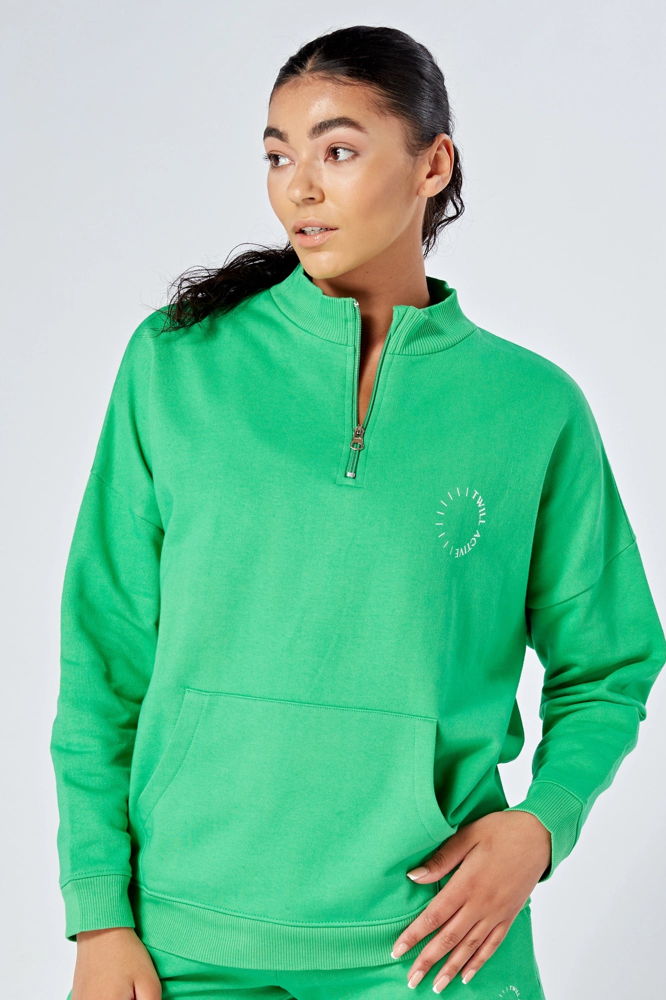 Twill Essentials Oversized Funnel Neck Zip up Sweatshirt Green