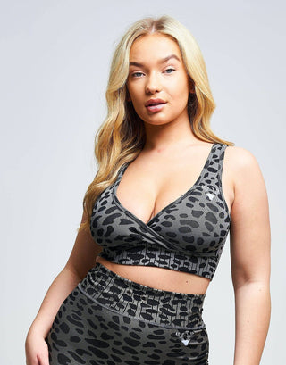 Orlon Recycled Leopard Wrap Over Bra – Grey - Twill Active